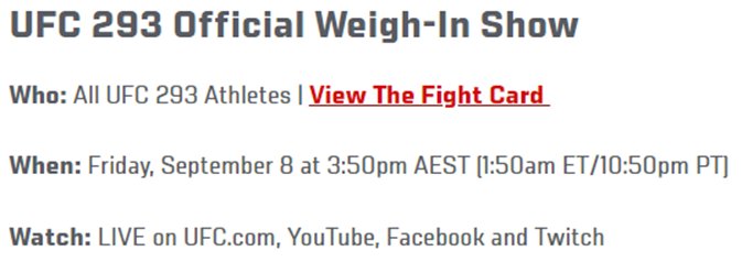 Main card fighters for UFC293 will have 44 hrs to rehydrate

Weigh ins are 2am ET Fri
Main card starts 10pm ET Sat

UFC284 had 12 hrs less rehydration time than normal

Remember how people said this was because ALL ANZ cards always have shortened rehydration?