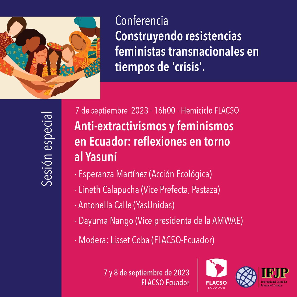 Today, September 7, at 4 p.m. (UTC/GMT-5) we will have a live streaming session "Anti-extractivism and feminisms in Ecuador: reflections around Yasuní". Access via link:
flacso-edu-ec.zoom.us/webinar/regist…