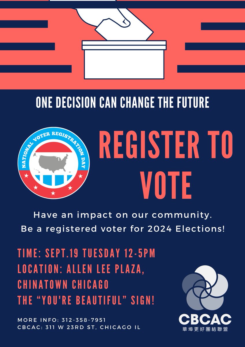 CBCACchicago's tweet photo. Join us on National Voter Registration Day to have an impact on your community! We will be at Allen Lee Plaza in Chinatown (near the "You're Beautiful sign!) from noon til 5pm on Tuesday, September 19th! There will be games, handouts, and information on voting! https://t.co/o75UMK3m9m