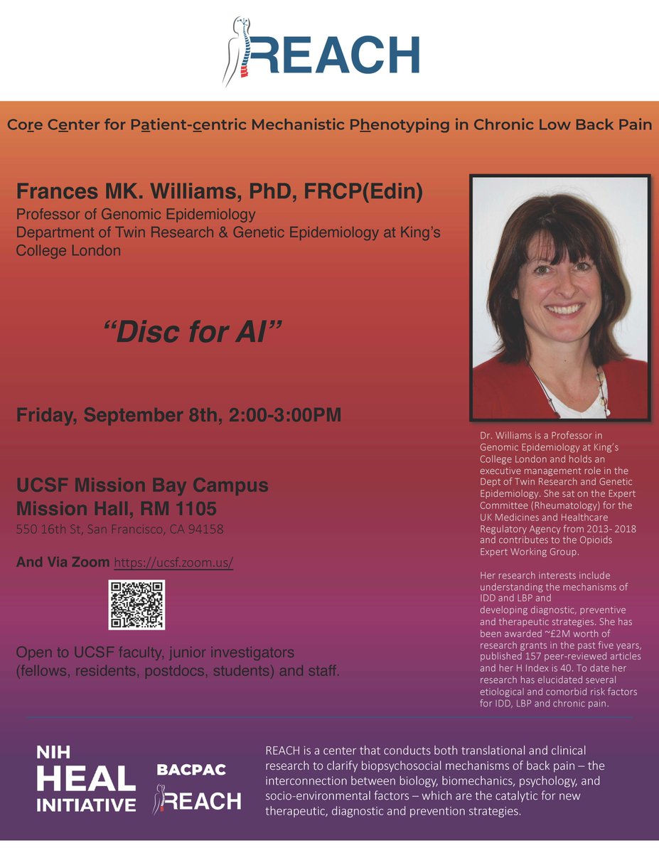 Please join us this Friday, September 8, from 2:00-3:00PM at UCSF Mission Hall, Room 1105 and via Zoom for a presentation on dataset collaborations related to “Disc for AI” by Dr. Frances Williams, PhD, FRCP (Edin).