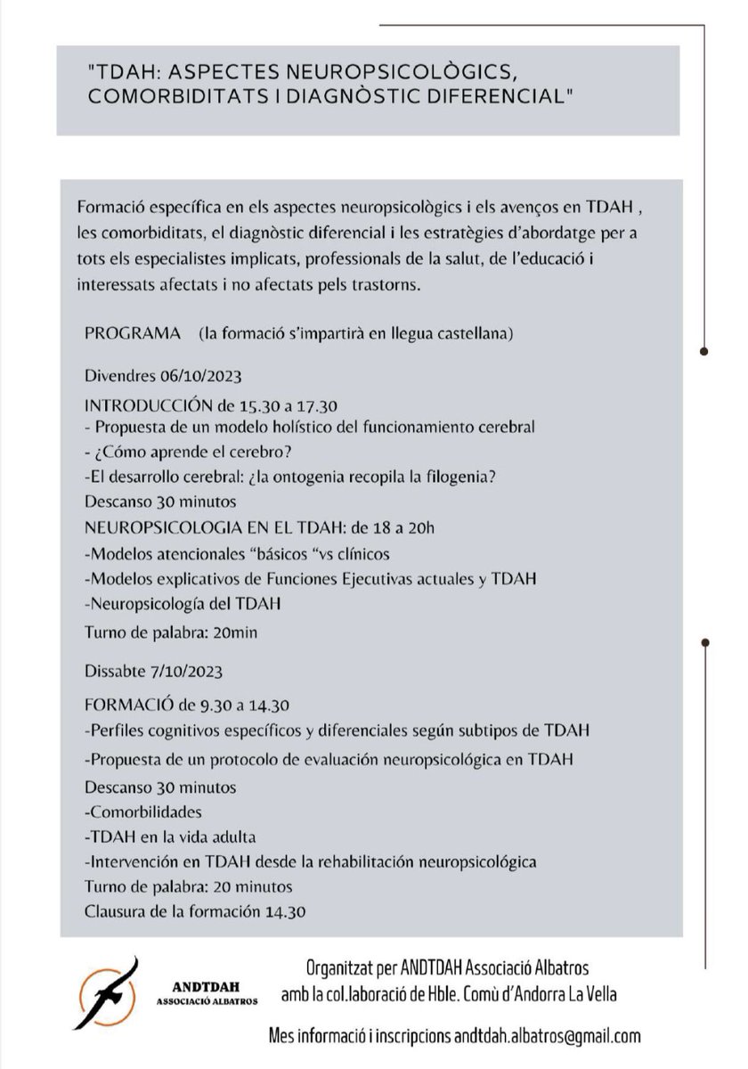 AndTdah's tweet photo. Us anunciem que el mes d'octubre d'enguany tindrem l'honor de comptar amb el especialista Javier Tirapu a Andorra per impartir una interesantisima formació en TDAH, aprofundin específicament en els aspectes neuropsicològics https://t.co/HAtDGubHz0