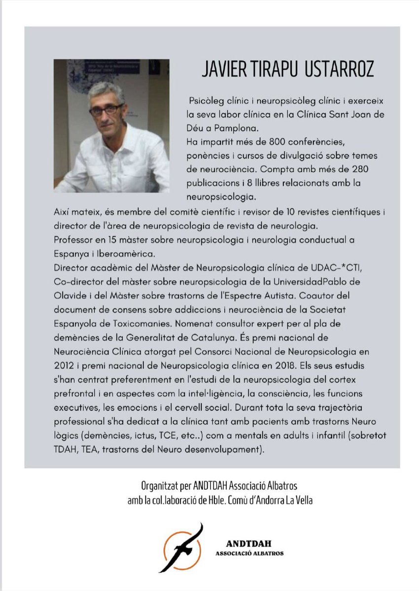 AndTdah's tweet photo. Us anunciem que el mes d'octubre d'enguany tindrem l'honor de comptar amb el especialista Javier Tirapu a Andorra per impartir una interesantisima formació en TDAH, aprofundin específicament en els aspectes neuropsicològics https://t.co/HAtDGubHz0