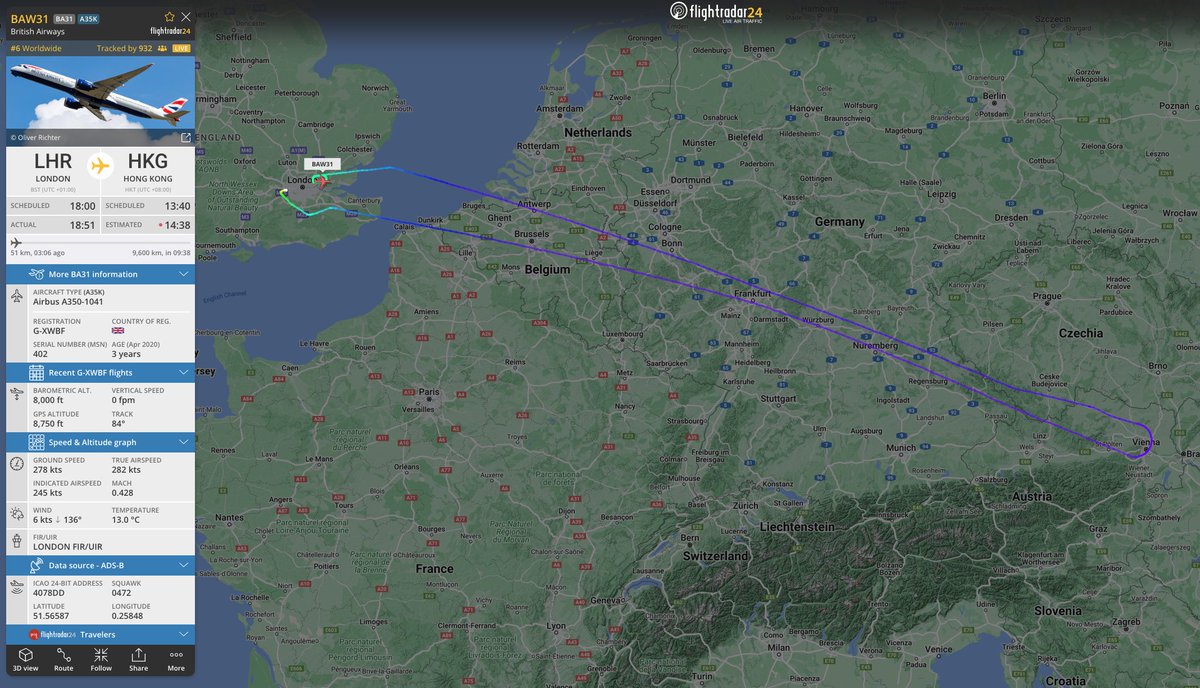 flightradar24's tweet photo. #BA31, London-Hong Kong, returning to London due to a technical issue. Currently lowering fuel weight prior to landing. https://t.co/Cr9xtnI95z https://t.co/opVcBWjSuG