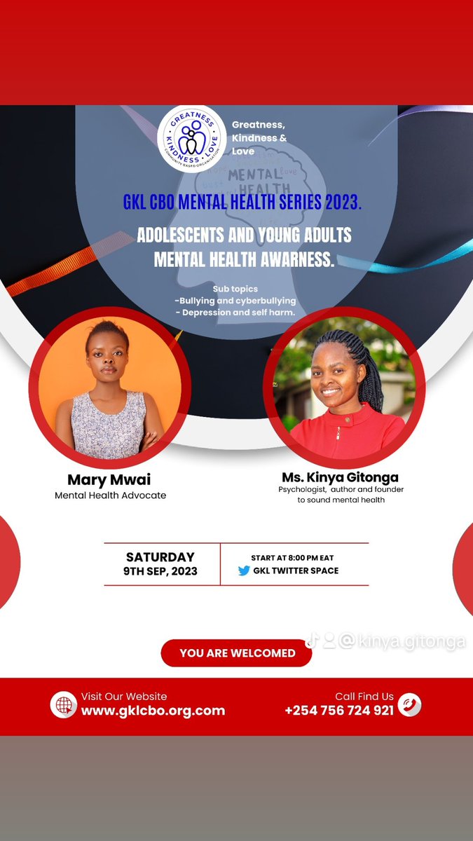 kinyaNGitonga's tweet photo. GKL CBO is inviting you all to the ongoing Mental Health Series for 2023 that will be on Twitter Space 📌.

The topic to be covered will be -  
Adolescent and young Adults Mental Health Awareness.
-Depression and self Harm
-Bullying and Cyber bullying

https://t.co/C9jBx0PQmi https://t.co/0XEOjmasiV