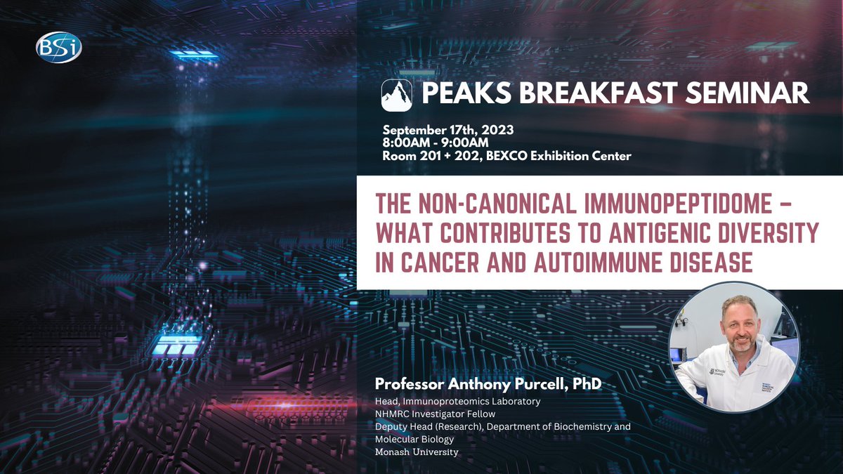 The PEAKS Team (@bsi_peaks) on Twitter photo For our 1st speaker at #HUPO2023 PEAKS Breakfast Seminar, we're excited to have Prof. <a href="/tony_purcell8/">Tony Purcell</a> share some of his work on "The non-canonical immunopeptidome – what contributes to antigenic diversity in cancer and autoimmune disease".
Register today!
bioinfor.com/peaks-hupo-ind… For our 1st speaker at #HUPO2023 PEAKS Breakfast Seminar, we're excited to have Prof. <a href="/tony_purcell8/">Tony Purcell</a> share some of his work on "The non-canonical immunopeptidome – what contributes to antigenic diversity in cancer and autoimmune disease".
Register today!
bioinfor.com/peaks-hupo-ind…