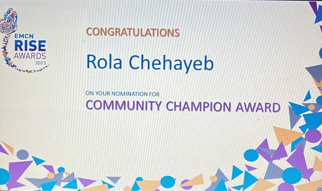 Congratulations to Enzo Edmonton's very own Rola Chehayeb for being nominated in EMCN RISE Awards Community Champion category. This is well deserved for Rola's dedication and hard work in building the community. We are very proud of you Rola!!!