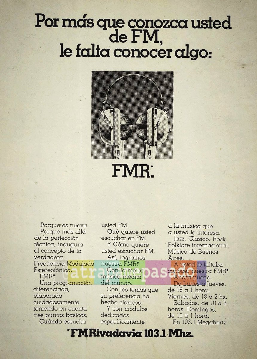 atrapamepasado's tweet photo. #RevistaVivir me lleva a un #Miércoles #En1978 para escuchar #FMR, la frecuencia modulada que se irradia desde Arenales 2467, en el 103.1MHz.
Inicia su transmisión del día #EnEstosMomentos, permaneciendo en el éter hasta la 1 de la mañana. 
#Hace45Años📻 https://t.co/cWzBD9YL28