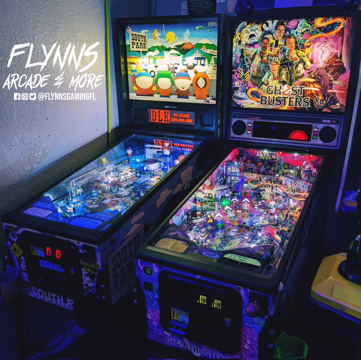 Flynnsgamingfl's tweet photo. South Park & the Ghost Busters Pinball in the house at Flynn's Arcade & More in Margate FL ๐พ Come on by & get your game on from 5PM-12AM on Wednesdays ๐ฎ๐ฅ #arcades #pinball #pinballgames #southpark #ghostbusters https://t.co/IHHV14Odqu