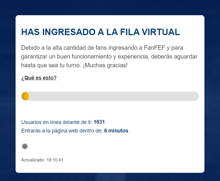 FerzPaucar's tweet photo. Arranca la venta de entradas para enfrentar a Uruguay en https://t.co/M8nbS9VKDB y ya hay 1631 PERSONAS en fila. La venta desde hoy ya es ABIERTA, no importa si adquieres algún paquete especial.

Hasta 8 entradas, pero todos deben registrarse en la plataforma. #FanFEF https://t.co/TuQ7mdGhhH
