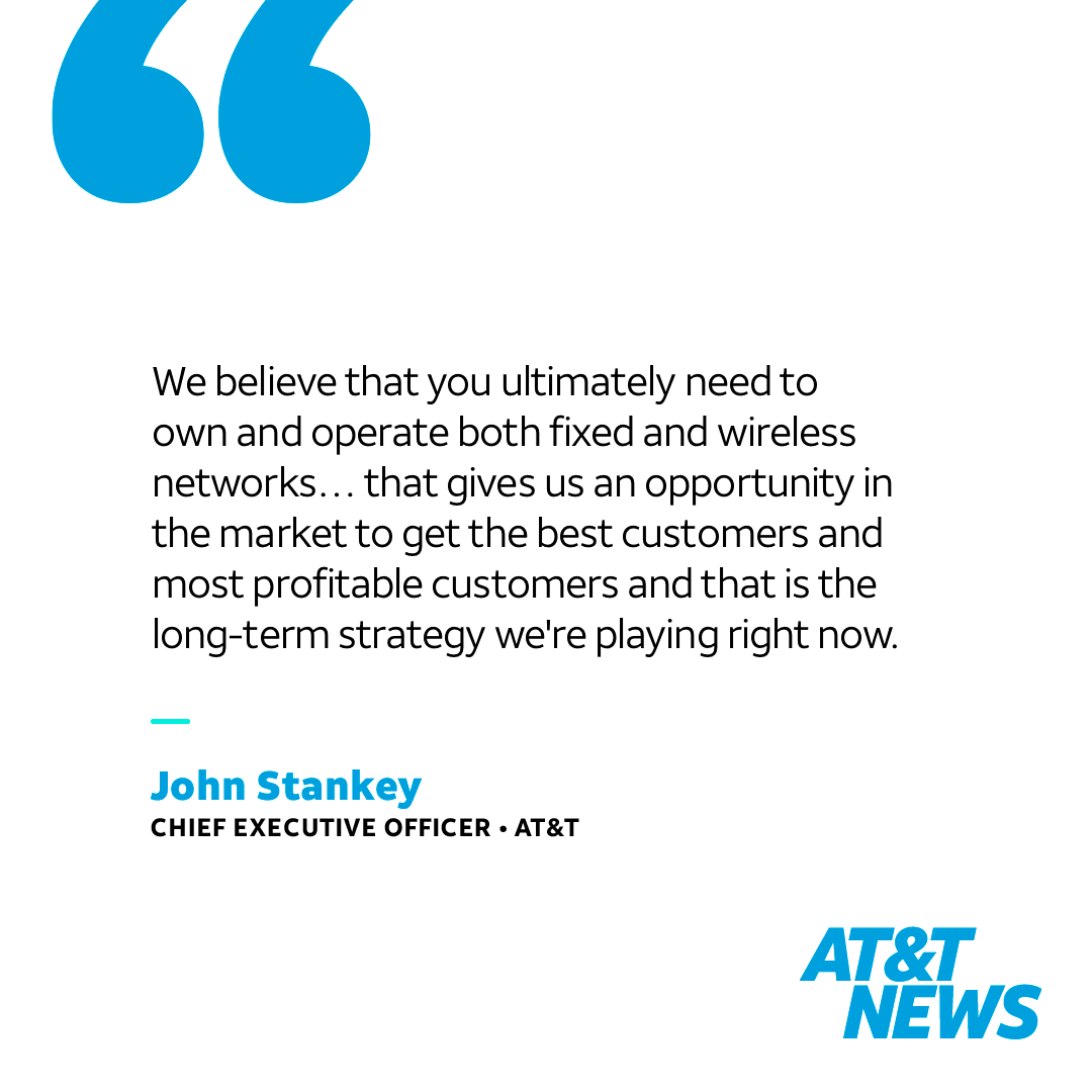 .<a href="/ATT/">AT&T</a> CEO John Stankey joined CNBC's Squawk on the Street this morning to discuss AT&amp;T’s strategy and unique position in the market. Only AT&amp;T owns both fiber and wireless networks, which helps us attract the best customers and connect them to fast, reliable internet in any