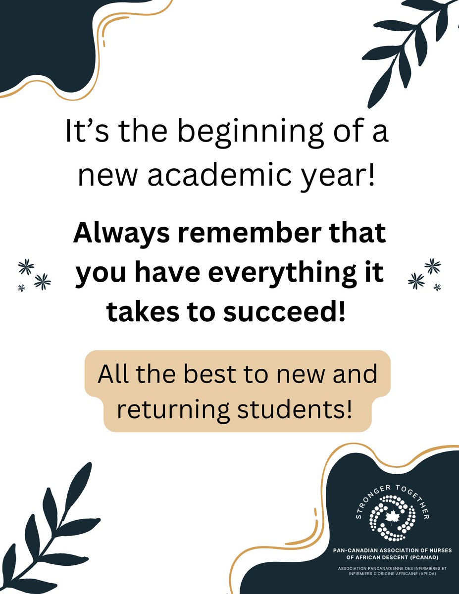 Pan-Canadian Assoc. of Nurses of African Descent (@pcanad_apiioa) on Twitter photo We wish all new and returning students a fulfilling academic year! #YouGotThis!
#PCANAD <a href="/CACBNBC/">Coalition of African, Caribbean & Black Nurses BC</a> <a href="/NSBlackNurses/">Black Nurses Association of Nova Scotia</a> <a href="/obnn2021/">Ontario Black Nurses' Network</a> <a href="/SaskACBNurses/">Sask. Assoc. of African, Caribbean, & Black Nurses</a> #CBNN <a href="/PCANAD_APIIOA/">Pan-Canadian Assoc. of Nurses of African Descent</a> We wish all new and returning students a fulfilling academic year! #YouGotThis!
#PCANAD <a href="/CACBNBC/">Coalition of African, Caribbean & Black Nurses BC</a> <a href="/NSBlackNurses/">Black Nurses Association of Nova Scotia</a> <a href="/obnn2021/">Ontario Black Nurses' Network</a> <a href="/SaskACBNurses/">Sask. Assoc. of African, Caribbean, & Black Nurses</a> #CBNN <a href="/PCANAD_APIIOA/">Pan-Canadian Assoc. of Nurses of African Descent</a>