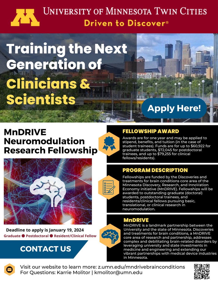 NEW Funding Opportunity for the 2024-2025 MnDRIVE Neuromodulation Research Fellowship at the University of Minnesota! Please visit mndrivebrainconditions.umn.edu/funding-opport… for more information about selection criteria and application instructions. #MnDRIVE Deadline to apply is January 19, 2024.