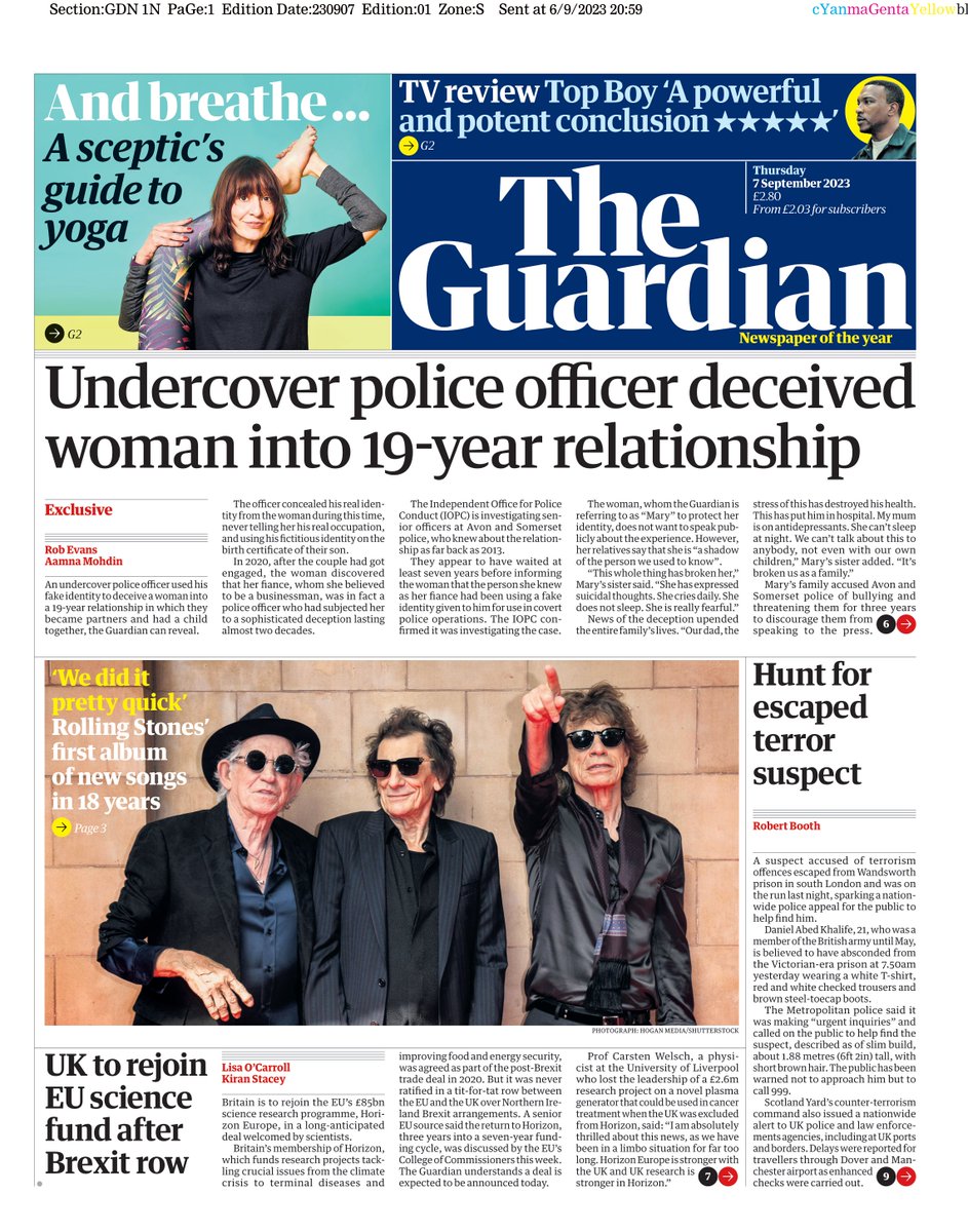 Thursday's GUARDIAN: 'Undercover police officer deceived woman into 19-year relationship' #TomorrowsPapersToday