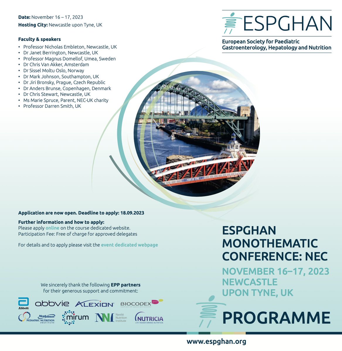 Come and join us in Newcastle to learn all about necrotising enterocolitis including recent trials, cutting-edge research, and clinical management. Lots of networking opportunities! November 16-17. More information and application available here espghan.org/knowledge-cent…
