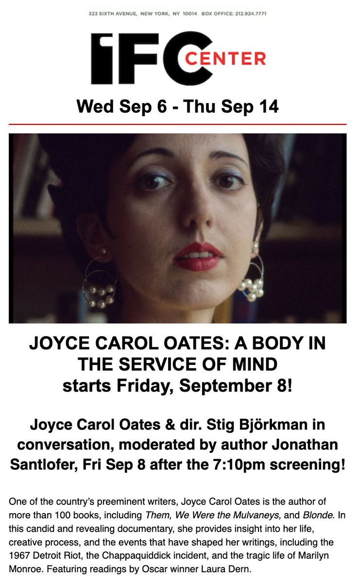 Jonathan Santlofer (@jsantlofer) on Twitter photo An honor to moderate the post-screening conversation with Joyce Carol Oates & Stig Bjorkman who has brought the literary legend's life to the screen. <a href="/IFC/">IFC</a>Films @IFC <a href="/JoyceCarolOates/">Joyce Carol Oates</a> <a href="/StigBjorkman/">Stig Björkman</a> @documentaryFilm <a href="/writers/">Writers & W' Lov</a> @filmmakers #Documentary An honor to moderate the post-screening conversation with Joyce Carol Oates & Stig Bjorkman who has brought the literary legend's life to the screen. <a href="/IFC/">IFC</a>Films @IFC <a href="/JoyceCarolOates/">Joyce Carol Oates</a> <a href="/StigBjorkman/">Stig Björkman</a> @documentaryFilm <a href="/writers/">Writers & W' Lov</a> @filmmakers #Documentary