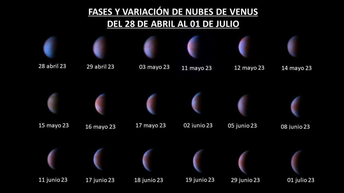 AcuaHiram's tweet photo. Ya que no hemos podido sacar muchas imágenes.  Reprocese un par de imágenes de Venus, e hice un mosaico con las variaciones de las nubes y fases de Venus desde el 28 de abril al 06 de julio de este año. Va acompañado con el gif de 25 imágenes. https://t.co/aaZ0iqCTOF