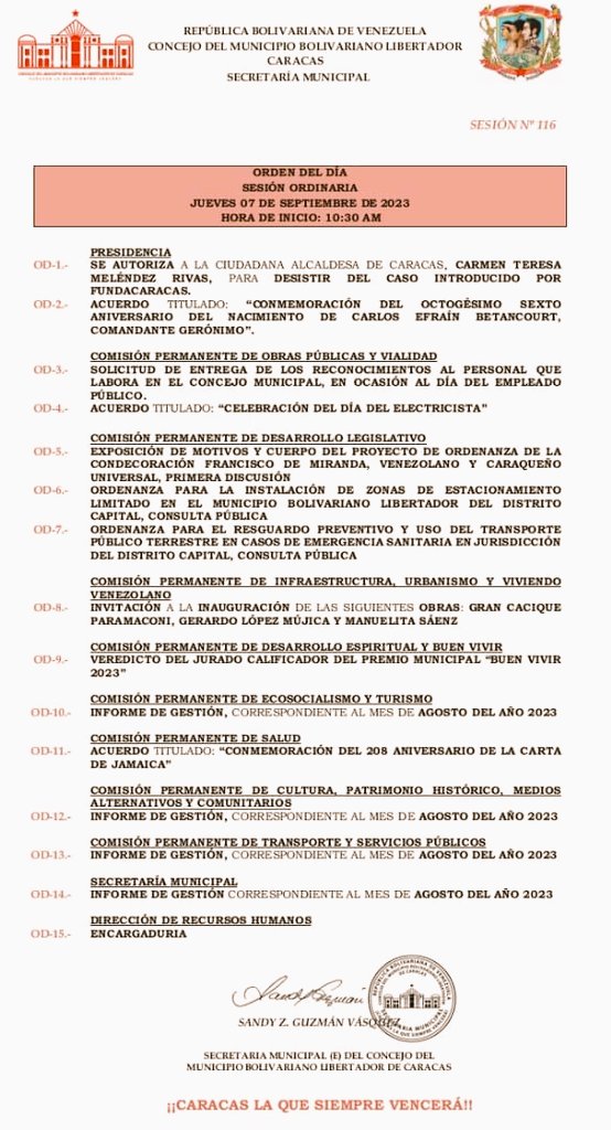 concejocaracas's tweet image. #PrimariasEsFraudeYDesastre
#TodoElPoderParaElPueblo 
Este es el Orden del Día en nuestro @concejocaracas para la Sesión Ordinaria #116 Caraqueños.
@NicolasMaduro 
@gestionperfecta 
@jimmygudino