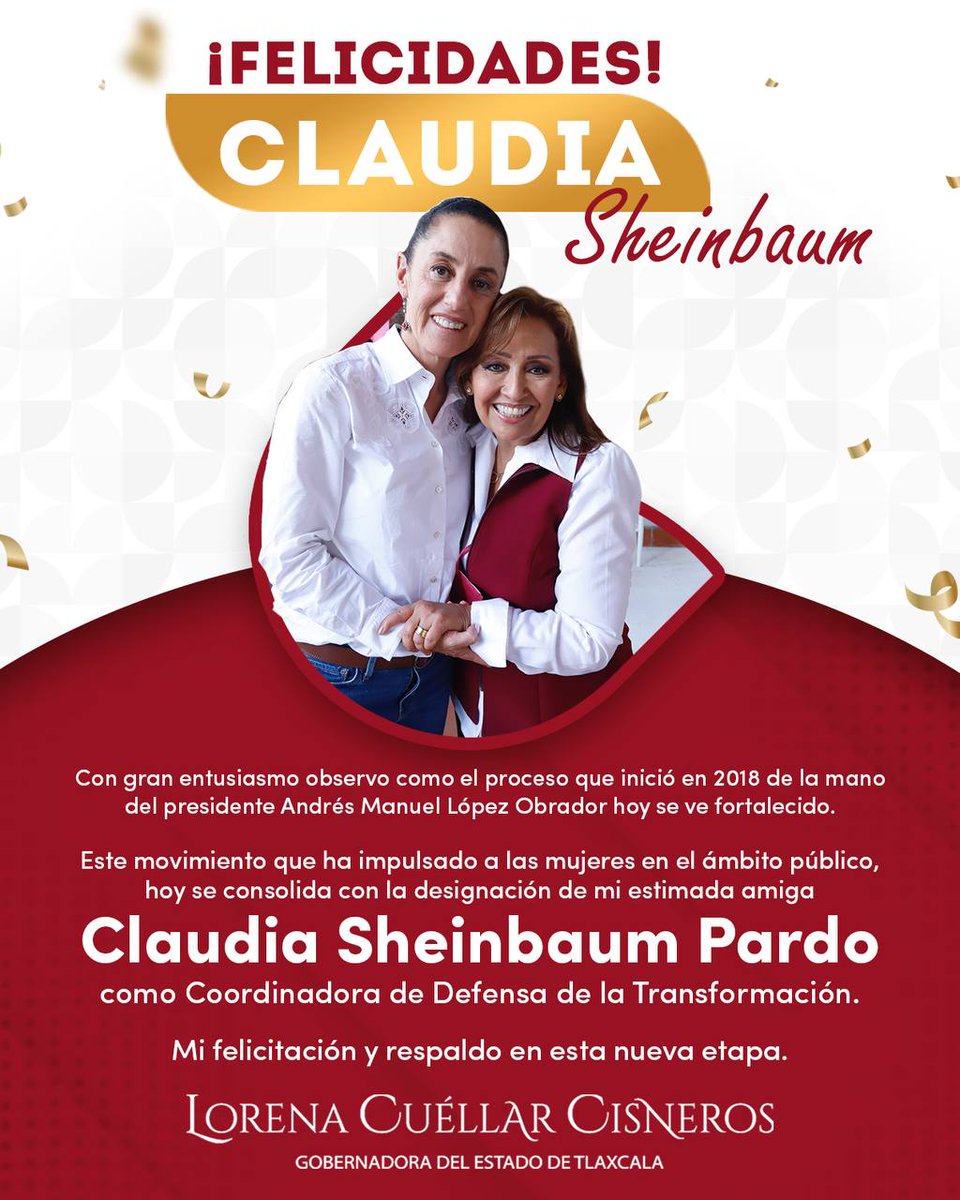 Envío mi felicitacion y reconocimiento a mi querida amiga <a href="/Claudiashein/">Claudia Sheinbaum Pardo</a>, por su triunfo como la nueva Coordinadora Nacional de los Comités de la Defensa de la #CuartaTransformación.

¡Es tiempo de mujeres de la #4T!