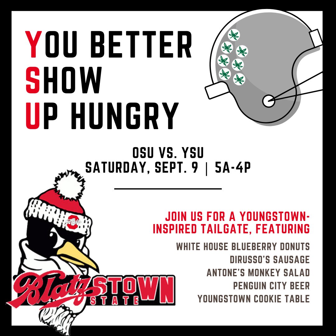 BlatzTailgate's tweet photo. The Penguins are comin' to town...and they're bringing some of their yummiest treats with 'em!

Head down to The Blatz Tailgate bright &amp; early this Saturday to get a taste of Y-town...cookie table and all! Then stick around and watch the game with us as OSU takes on YSU at noon. https://t.co/VDDuFcKnb9