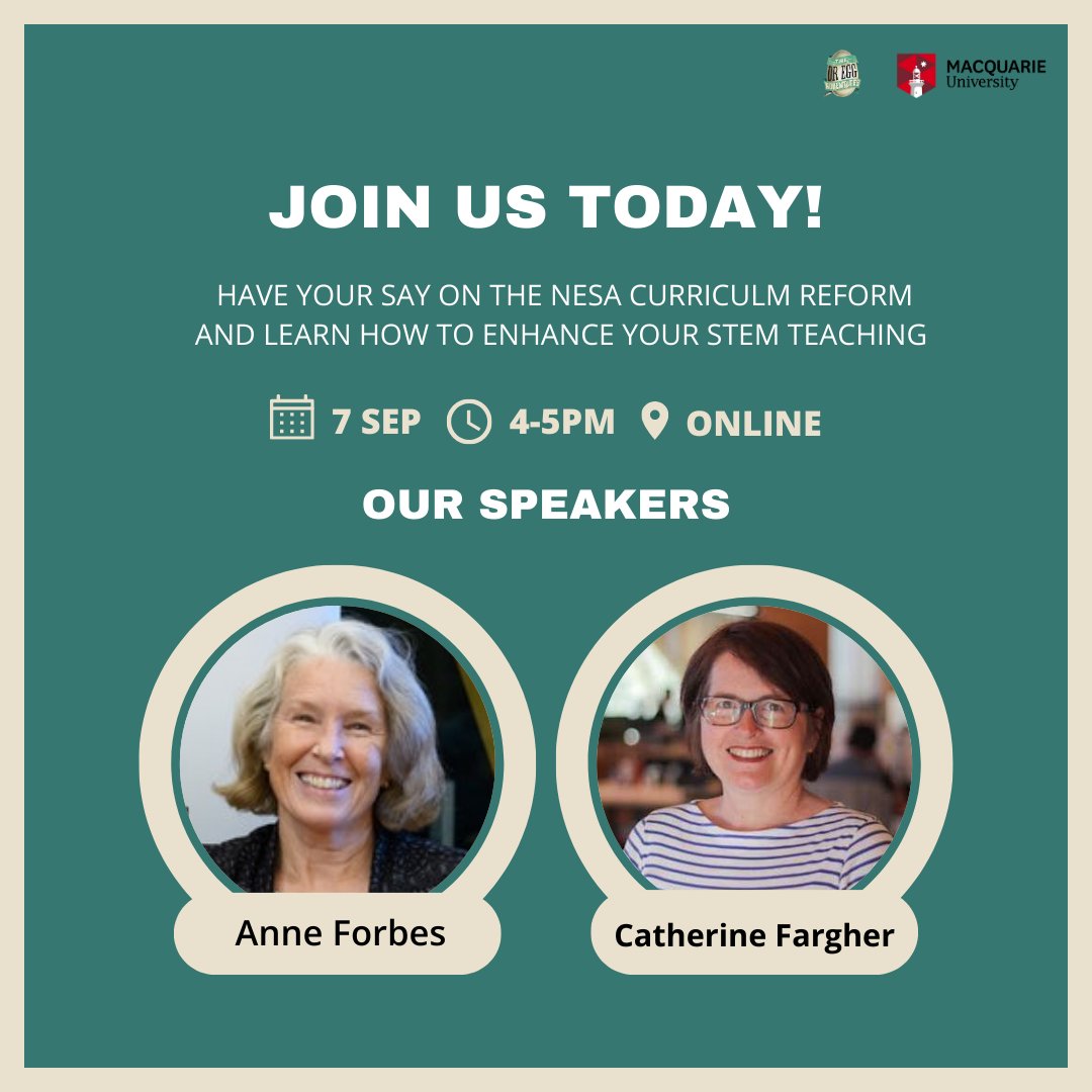 The Day has come! Join us for 'What's in, What's out, What's Moving?' Get ready for a deep dive into NESA's changes to the Science &amp; Tech Syllabus with Anne Forbes &amp; Catherine Fargher.  

It’s not too late to register and secure your spot: bit.ly/47LmJXz)

See you there!