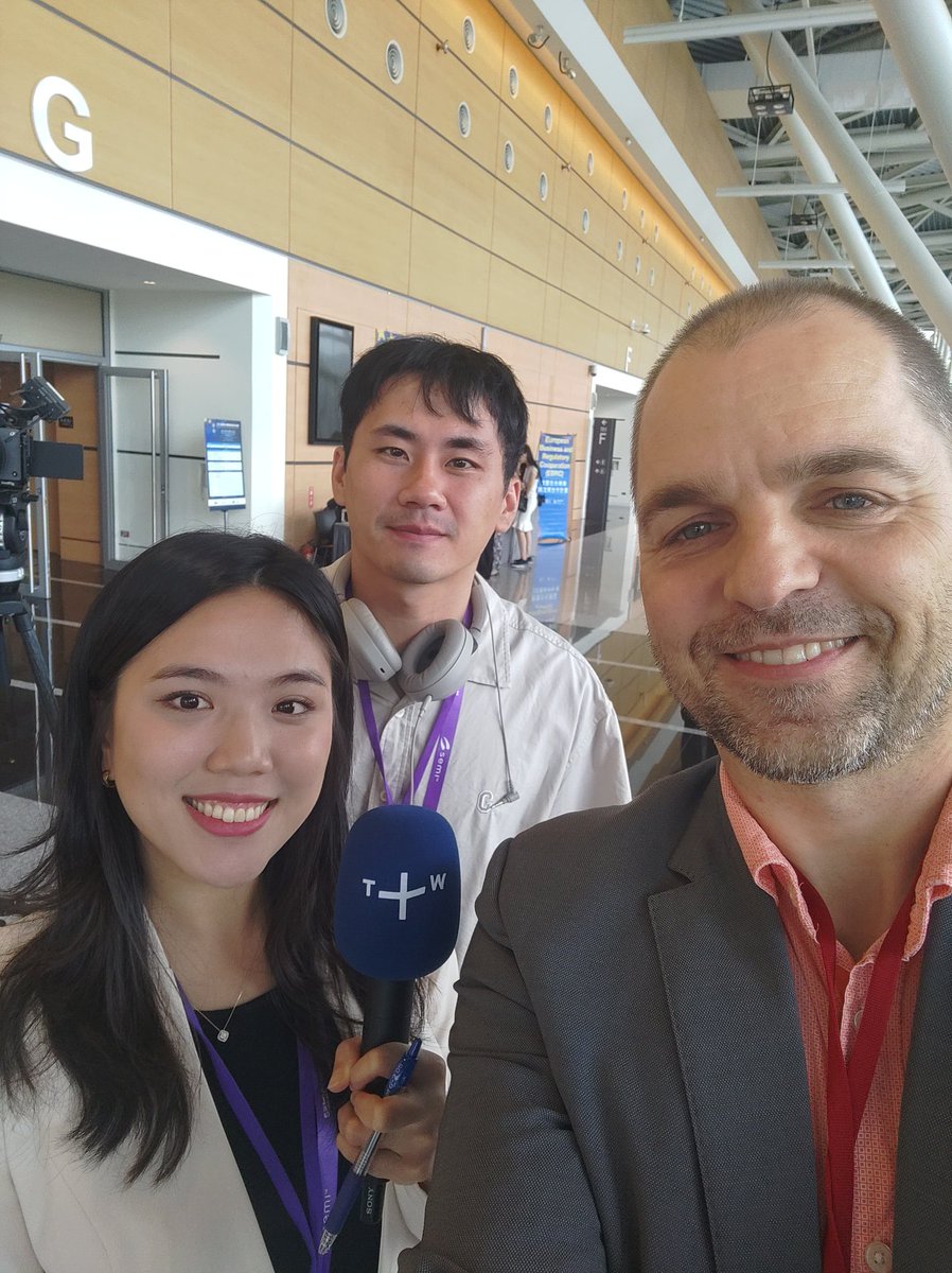 This moment when you see <a href="/joycetsengtw/">Joyce Tseng</a> by <a href="/taiwanplusnews/">TaiwanPlus News</a> in the morning in your hotel room's TV reporting on #SemiconTaiwan and get interviewed by her later on the occasion of the EU-#Taiwan Investment Partnership Forum on #semiconductor #clusters - great experience, 謝謝!