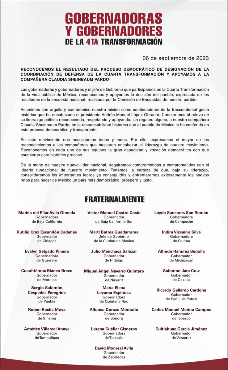 cuauhtemocb10's tweet photo. Refrendamos nuestro apoyo a los resultados del proceso democrático para la designación de la Coordinación de Defensa de la Cuarta Transformación. 

Enhorabuena a nuestra compañera @Claudiashein, que asume con orgullo este liderazgo gracias a la confianza que le brinda el pueblo mexicano.