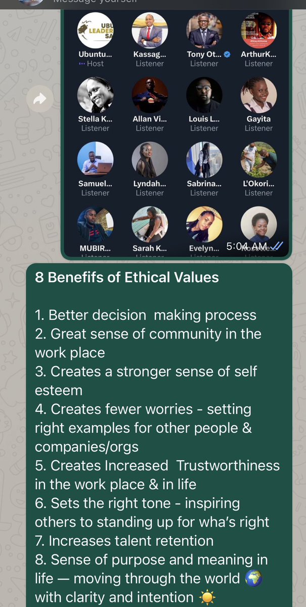 Thursday for #ThoughtLeadership #Reflections <a href="/SafariUbuntu/">Ubuntu Leadership Safari</a> with <a href="/iDEASUG/">Emmy-OTIM</a> &amp; <a href="/Comrade_Otoa/">Tony Otoa</a> grateful to wake up feeling inspired, challenged to act &amp; live with #Ethics in my work &amp; life with this wisdom—> x.com/i/spaces/1OyJA… <a href="/DrDNamara/">Daphine Namara Arinaitwe</a> <a href="/MadibaConsults/">Madiba Leadership Collective</a> <a href="/SamBobenyang/">Sam Bob</a> <a href="/TEACH4UG/">Teach For Uganda</a>🙏🏾☀️