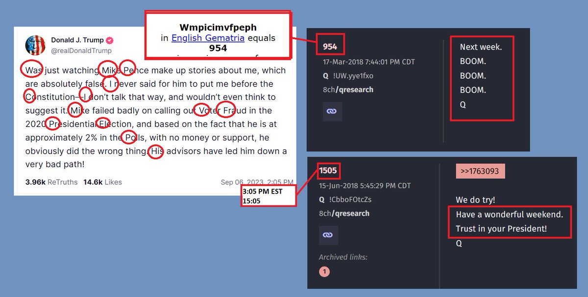 LoD_STL's tweet image. Next week.
BOOM.
BOOM.
BOOM. 

@realDonaldTrump post on TS at 3:05 PM EST.  #TrumpCode gives us a GV of 954.  Q Drop 954 with the message above!  

Looking at the timestamp, 15:05 to Q Drop 1505:
We do try!
Have a wonderful weekend.
Trust in your President!

Another big signal