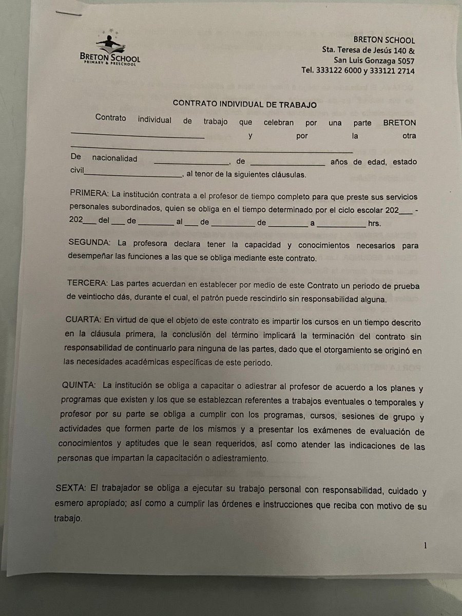 danielle20s's tweet photo. @yorch_besos Como en este colegio que están exigiendo a las maestras que firmen su renuncia y ahora se apeguen a este contrato, sin seguro, sin prestaciones https://t.co/QSJ7glC9FV