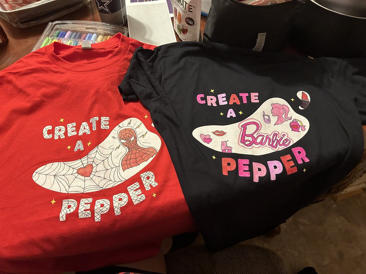 CaryLutka's tweet photo. A few more TM t-Shirts! I love the creativity! PJ had his toddlers decorate his shirt! And Blanca is our St. Jude fashionista!! She has a number of shirts she has decorated over the years!! It’s all for the babies, y’all!! @StJude @Chilis @CreateAPepper https://t.co/7fd838CwJp