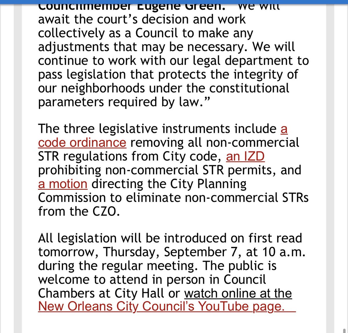 City Council members <a href="/HelenaMorenoLA/">Helena Moreno</a> and <a href="/JPMorrell/">jpmorrell</a> are introducing legislation to ban all residential short-term rentals in New Orleans.  “We won’t allow corporations to overtake our neighborhoods. Therefore, I feel like the only choice left is to ban non-commercial STRs.”