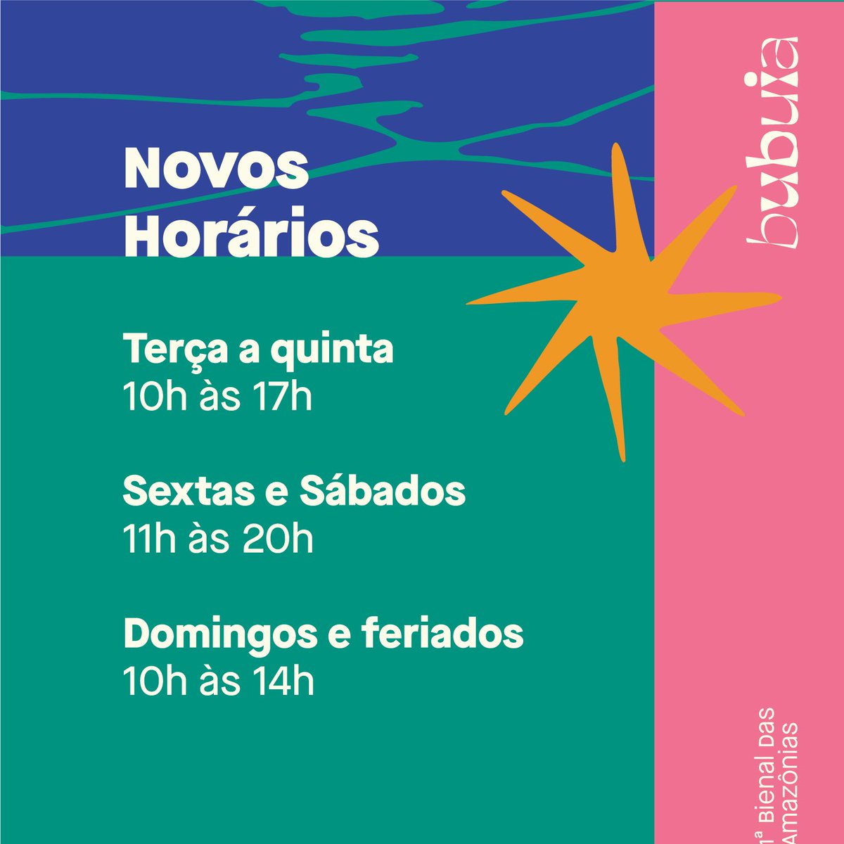 bienalamazonias's tweet photo. Neste mês de setembro tem muito mais Bienal das Amazônias! 😍

Agora a gente também está de portas abertas às terças e domingos.

⬇️Confere os nossos novos horários⬇️

🕙 Terça a Quinta - 10h às 17h
🕚 Sextas e sábados - 11h às 20h
🕙 Domingos e feriados - 10h às 14h https://t.co/PF8Zx1MCwC