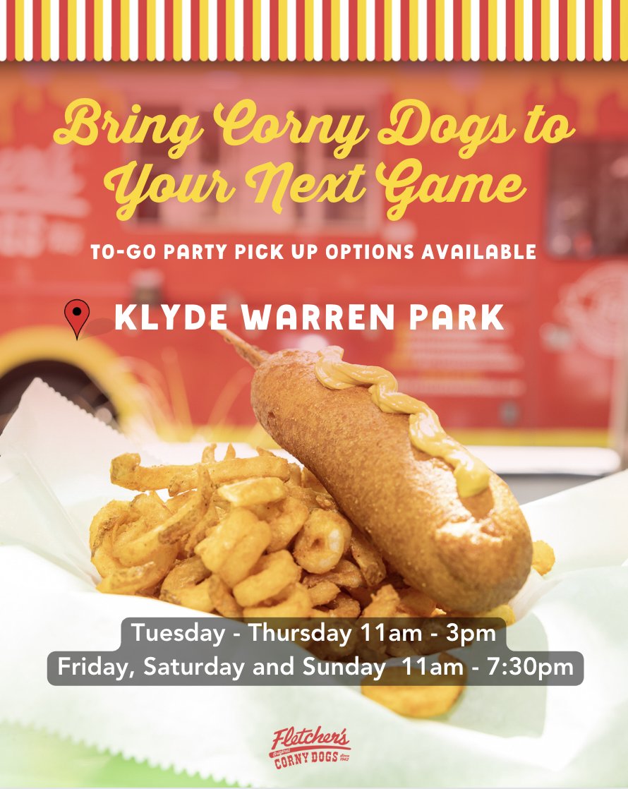 Our food truck is stocked and ready for you, every Tuesday - Sunday at @KlydeWarrenPark. Come by for a quick bite during lunch hour or bring the family on the weekend. Bulk orders also available here: fletcherscornydogs.com/catering/kwp-c…