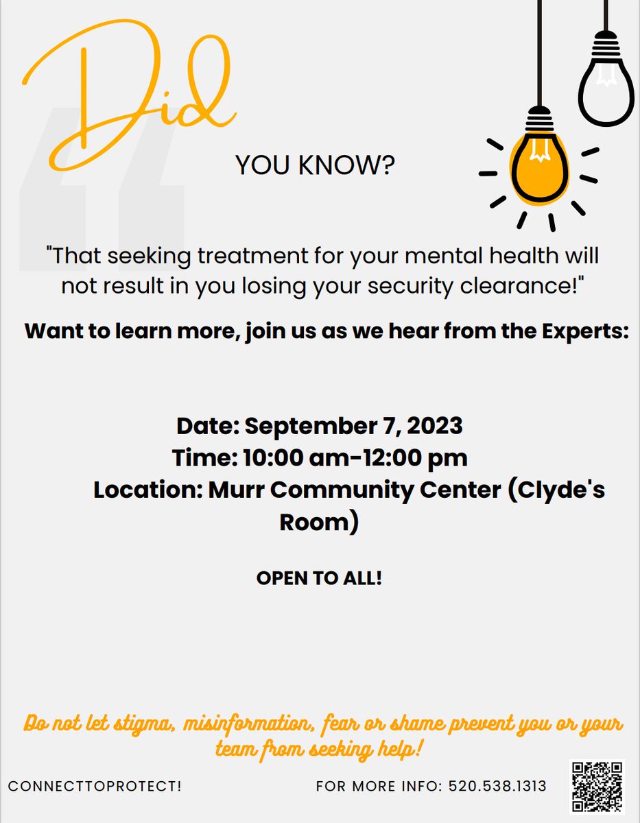 Seeking treatment for behaviorial health concerns will not result in you losing your security clearance. Learn more and hear from the experts. Don't let stigma, misinformation, fear or shame prevent you or your team from seeking help!