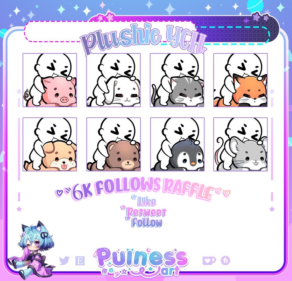 Puinessa's tweet photo. ✨💜PLUSHY YCH RAFFLE/GIVEAWAY 💛✨

🌺Follow
🤎Retweet (NO qt retweet)
💜Like
💛Comment your beautiful OC/selfie (OPTIONAL)

✨2 winners, 1 YCH (1 animal) per winner! ✨
💙ENDS ON SEPTEMBER 26TH💜 https://t.co/Z9YmN2JNL2