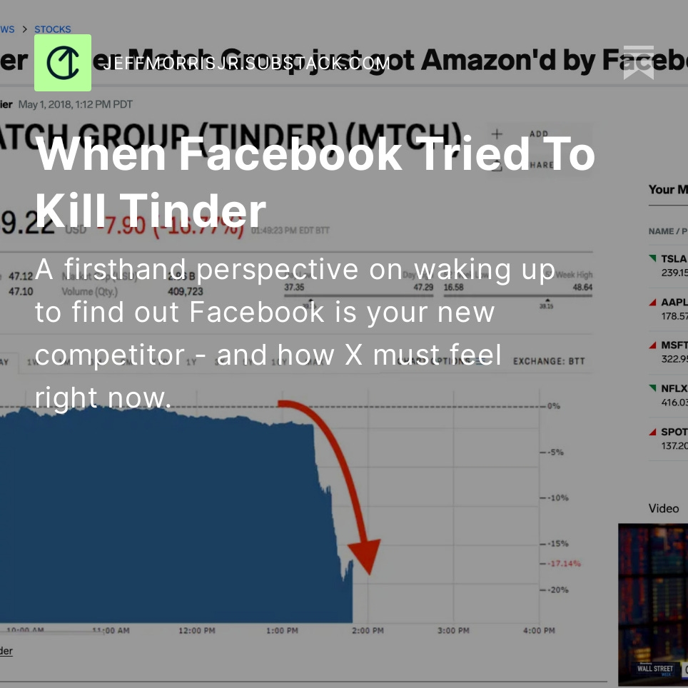 Wrote an article about waking up on a random day and finding out Facebook was building a Tinder competitor. 

Our stock fell by 20% in hours... it was one of the strangest work days of my life. 

jeffmorrisjr.substack.com/p/when-faceboo…