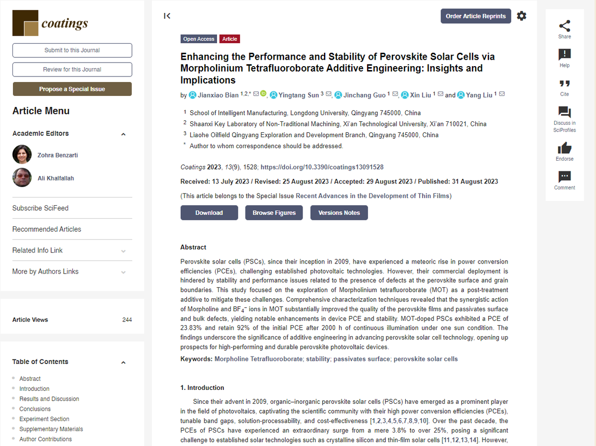 As Editor of the Special Issue:
This article has been published in our SI
Enhancing the Performance and Stability of Perovskite Solar Cells via Morpholinium Tetrafluoroborate Additive Engineering: Insights and Implications
doi.org/10.3390/coatin…
<a href="/Coatings_MDPI/">Coatings MDPI</a>