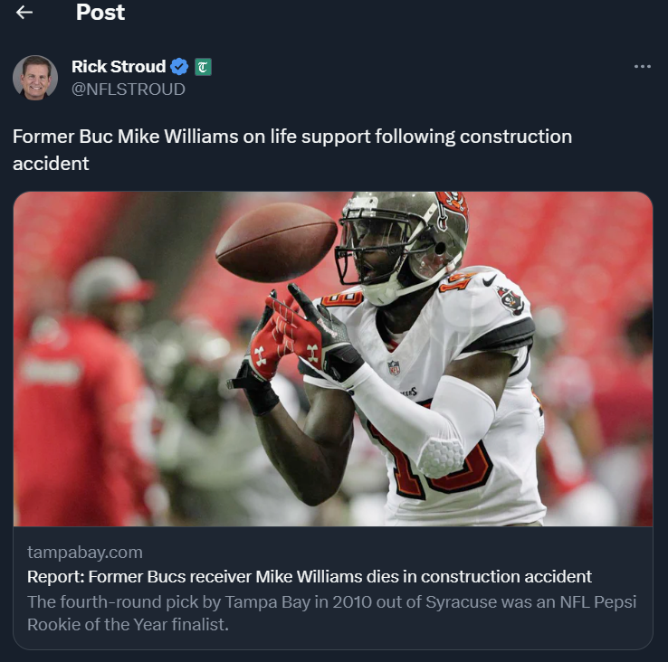 Former Bucs receiver Mike Williams on life support in Tampa