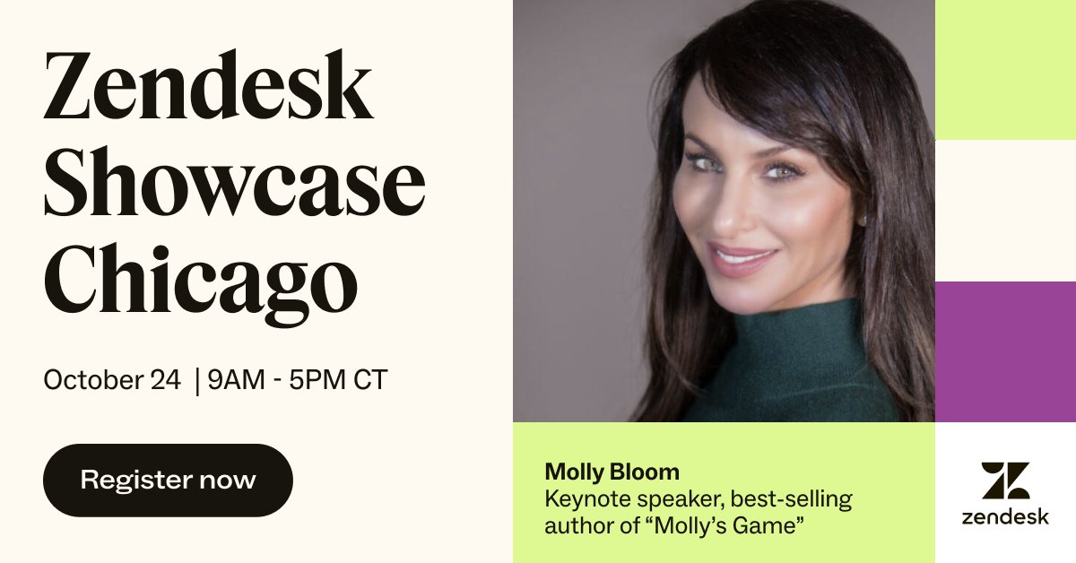 🥁 Stepping on the the main stage at #ZendeskShowcase Chicago: Best-selling author of 'Molly's Game,' @ImMollyBloom. Hear her top methods for building “Affective Presence” at our free Windy City in-person event: zdsk.co/3Prteb8