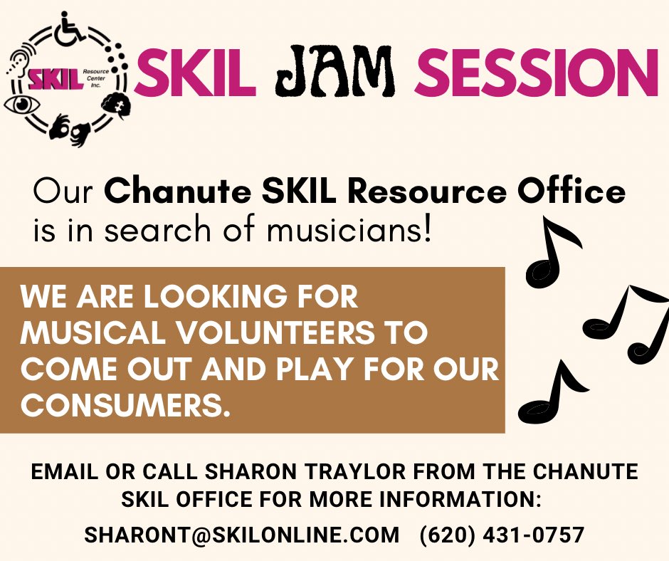 SKIL_org's tweet photo. Our Chanute SKIL Office is in search of musicians to volunteer to play for our consumers!

Contact Sharon at the Chanute SKIL Office for further details: 

sharont@skilonline.com 
(620) 431-0757 https://t.co/50uJeHV3HI