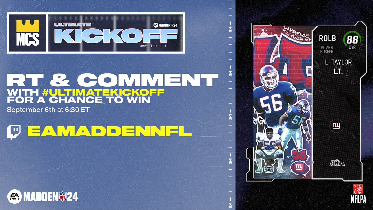 Tall6uy's tweet photo. 🏈 Ultimate Kickoff Giveaway 🏈

88 OVR Lawrence Taylor ROLB

RT &amp; Comment with #UltimateKickoff
for a chance to win 🏆 

Must be following to win*

Watch here ⬇️
https://t.co/gdihrSrRM6 https://t.co/4EieV31Oto