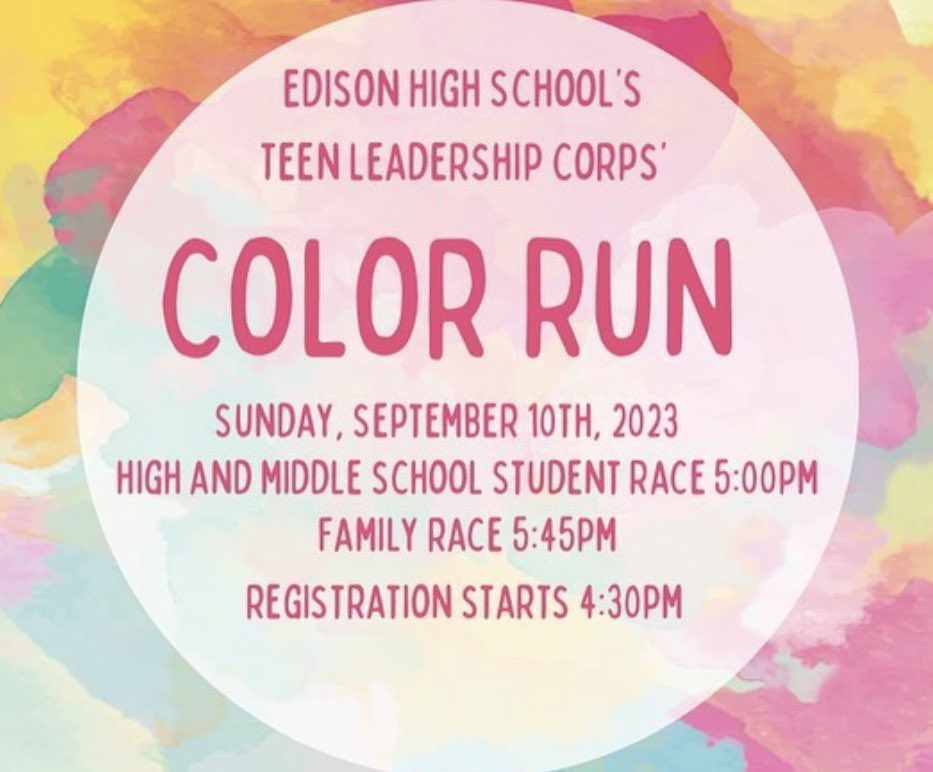EdisonTLC's tweet image. Join us this Sunday for the Edison TLC's annual HoCo Color Run - a colorful 1.5 mile run/walk route around Edison High School to kick off Homecoming 2023! @EdisonLocalSD @CorpsTeen
