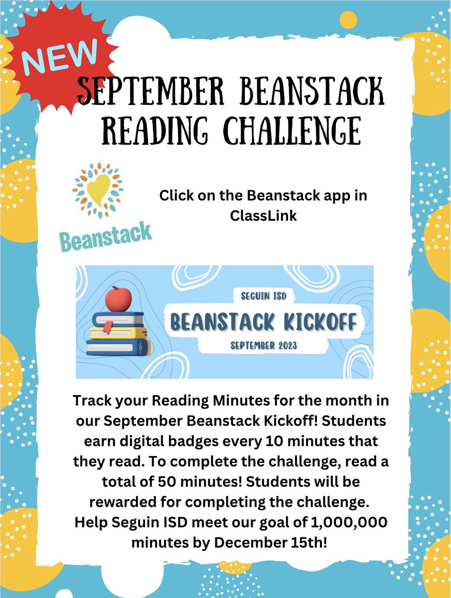 laurenbpish's tweet photo. How many READING minutes can you log for our Beanstack kickoff month??? I am so excited to work towards our campus and DISTRICT goal! @WeinertES @SeguinISD @MatsRead @zoobeanreads #SeguinReads #MatsRead #ReadLearnGrow https://t.co/ONQ2SrYFaA