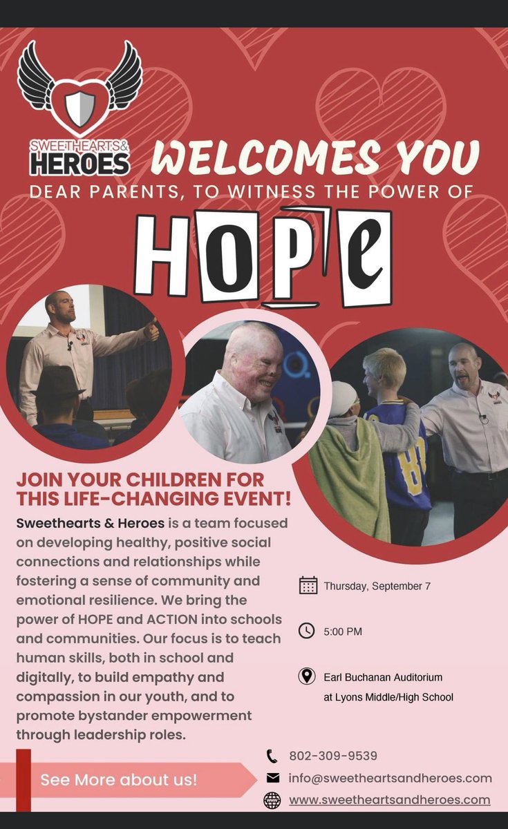 staff &amp; students <a href="/LyonsSchools/">Lyons Central School District</a> have engaged in SEL related to peer bullying and teen suicide. Tomorrow parents &amp; community members can hear the message of H.O.P.E (hold on possibilities exist) that <a href="/SweetheartHero/">Sweethearts & Heroes</a> delivers. We are all responsible for change! Check them out! #ROAR