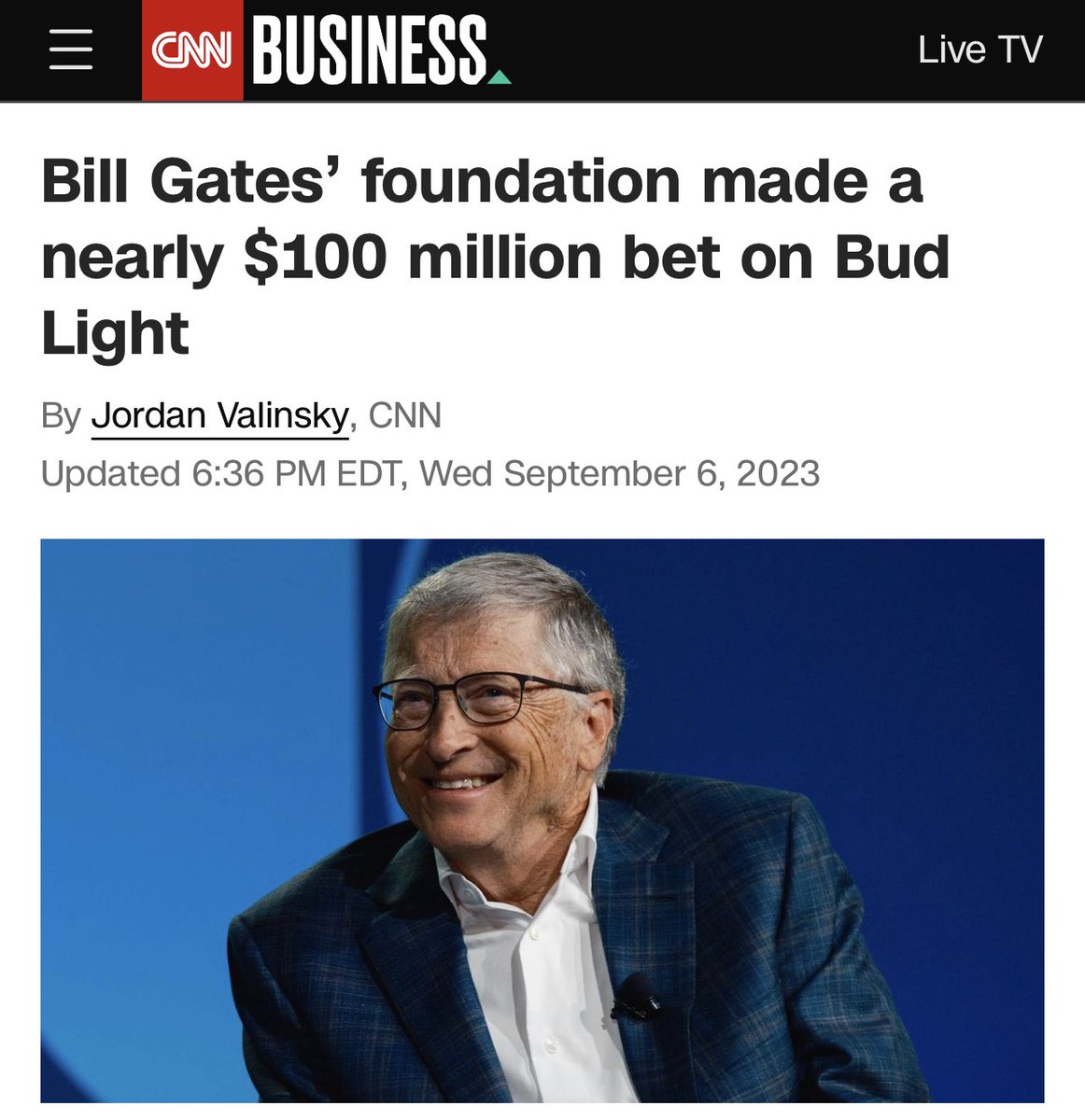 TheChiefNerd's tweet photo. “The Bill and Melinda Gates Foundation Trust last quarter bought 1.7 million shares of Anheuser-Busch, valued at around $95 million, according to a regulatory filing, signaling that Gates has confidence in the beer company that has been dealing with a steep sales slump of one of its biggest beers.”