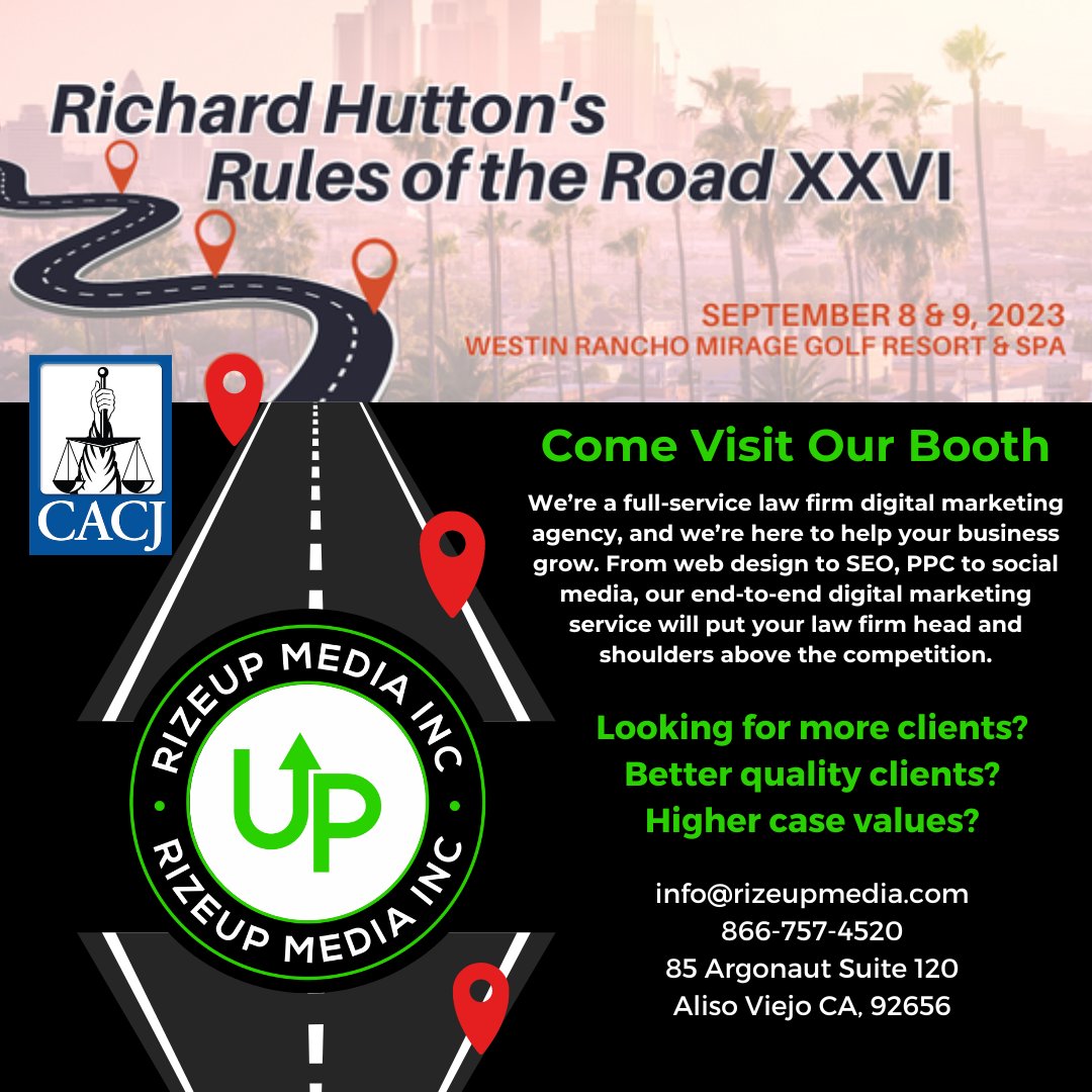 rizeupmedia's tweet photo. Ready for @cacjnews Richard Hutton's Rules of the Road XXVI this weekend!
We are, come find our booth we are RizeUp Media your all in one Law Firm Marketing Agency.
#CACJ
#criminaldefenseattorney https://t.co/2u9jnqzKZq