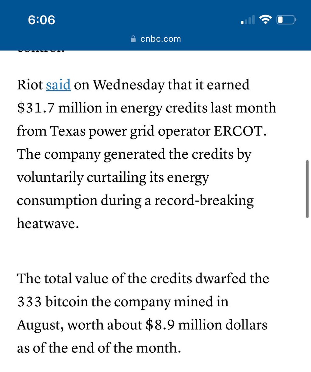 Every Texan facing higher energy bills this summer should be outraged that crypto companies are making twice as much money from <a href="/ERCOT_ISO/">ERCOT</a> than they are from their *actual product*.