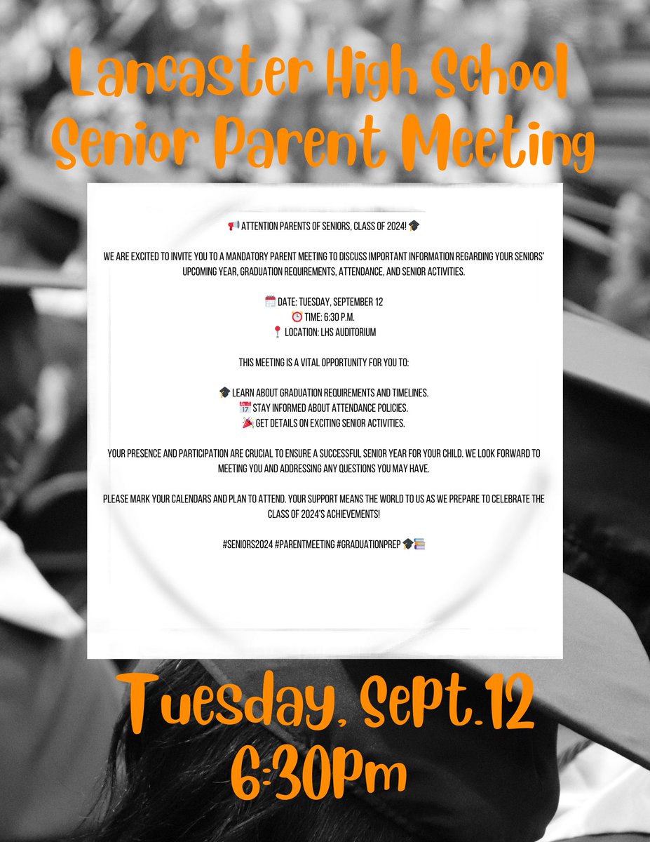 JettKirsten's tweet photo. @WEBO_Tigers @LancasterISD
📢 Parents of Seniors, Class of 24!
🗓️ Date: Tuesday, September 12
⏰ Time: 6:30 p.m.
📍 Location: LHS Auditorium
🎓 Learn- grad req’mts and timelines.
📅 Stay informed- attendance policies.
🎉 info senior activities.
#ParentMeeting #GradPrep🎓 https://t.co/pS93flr9jW