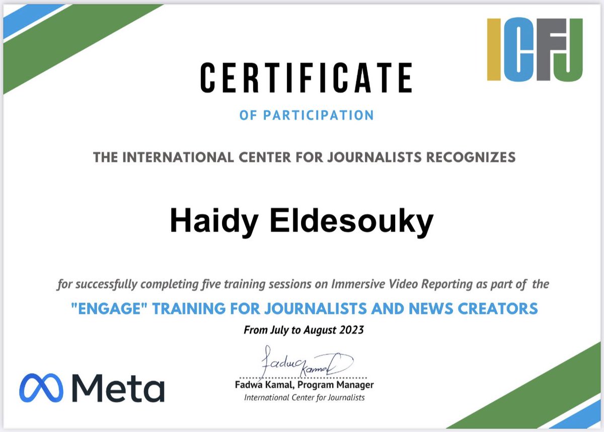 HaidyElDessouky's tweet photo. So happy to announce that I have successfully completed the ICFJ-META Immersive Video Reporting training which was organized by the international center for journalists and Meta
#EngageICFJ
#meta
#ijnet https://t.co/bO5ZtsSOG7