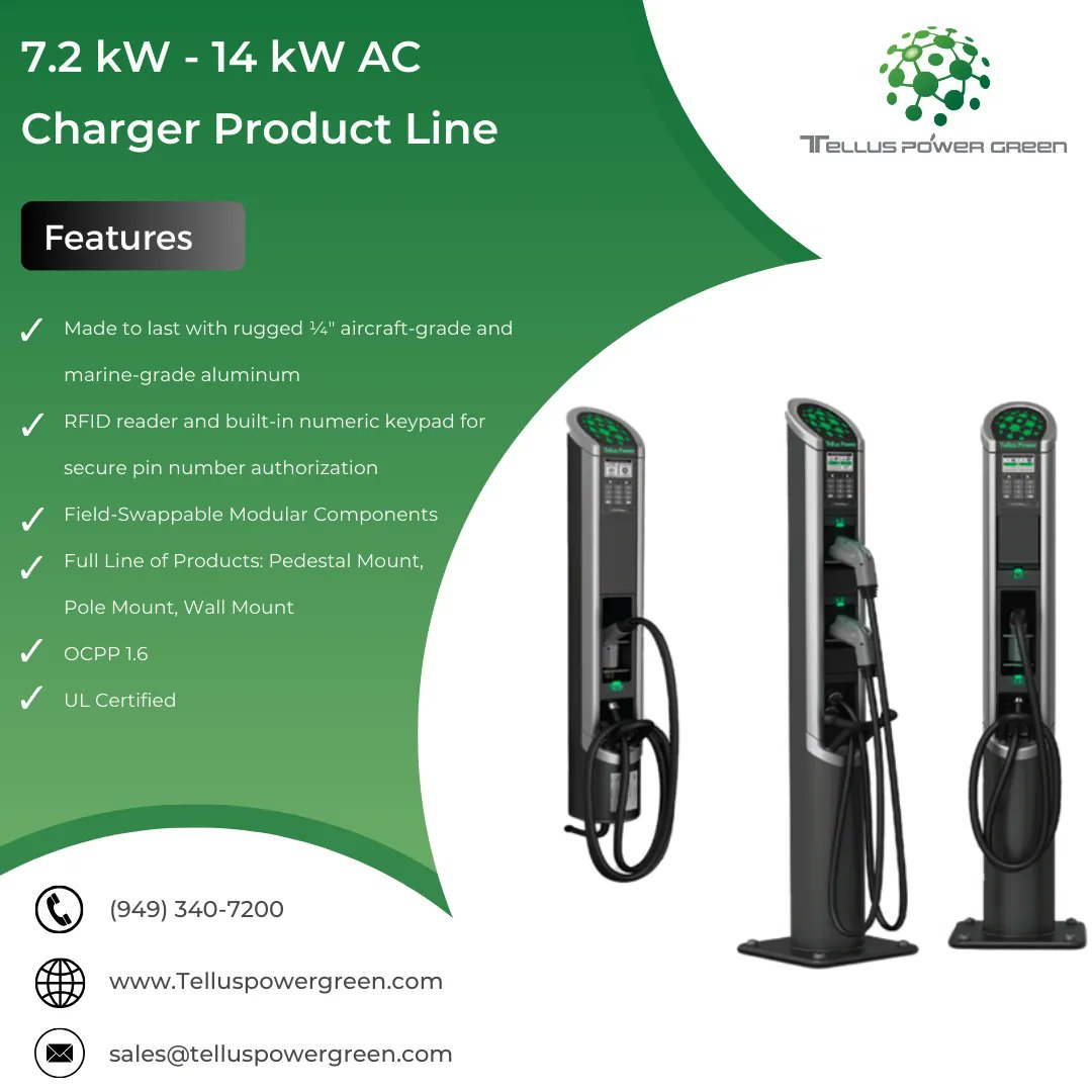 GreenTellu23967's tweet photo. Experience smooth interface charging with the Tellus Power Green AC Charger product line, now available in 7.2 kW to 14 kW capacity, designed for the workplace, hospitality, and multi-unit industries.

Contact Us: sales@telluspowergreen.com / (949) 340 - 7200

#evcharging https://t.co/4DwZqwTuCK